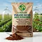 Premium Fulvic Powder 80% concentration agricultural fertilizer, 20 KG / 44 LBS bulk bag packaging with black powder sample and metal scoop, displayed in a farm field background.